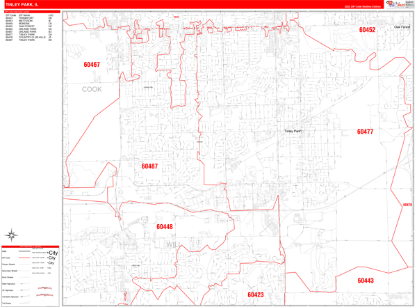 Tinley Park City Wall Map Red Line Style